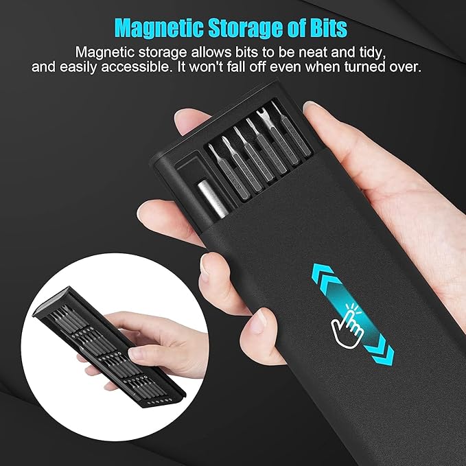 Black 24-in-1 magnetic screwdriver set with 24 small screwdrivers, compact electronics repair tool kit, ideal for precision hand tools.