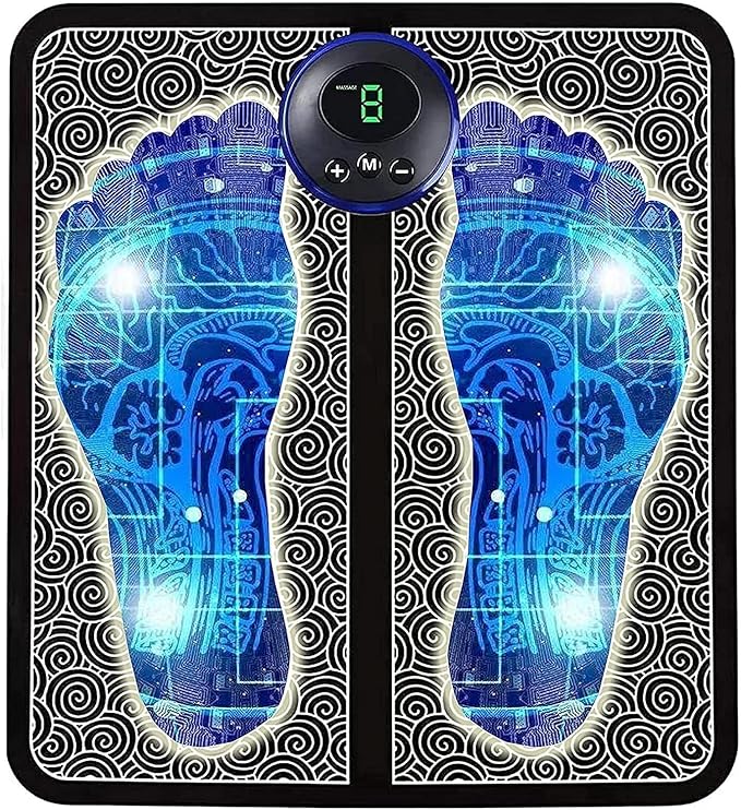Wireless electric EMS foot massager mat by 19229 providing pain relief and relaxation with multicolor design.