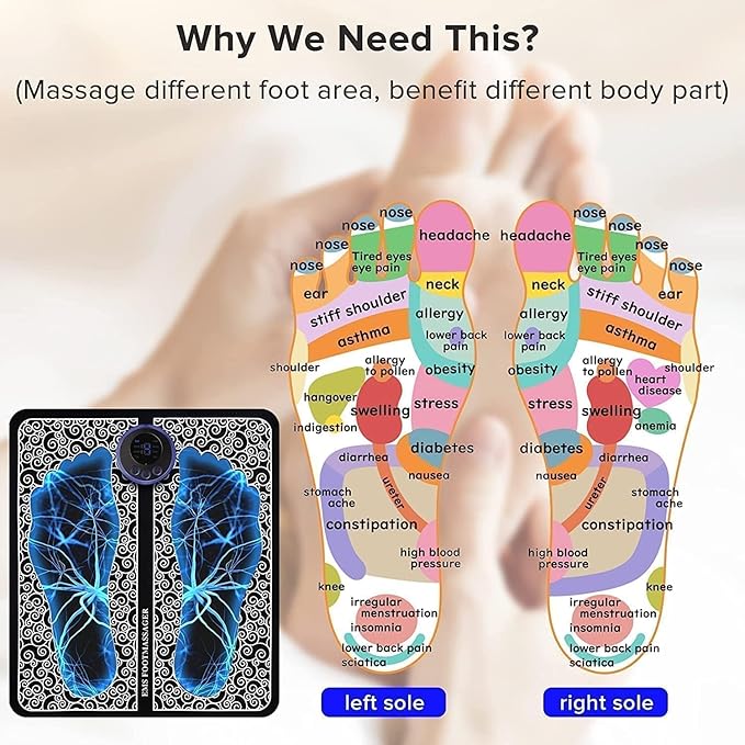 Multicolor wireless electric EMS foot massager mat by 19229 for pain relief and relaxation.