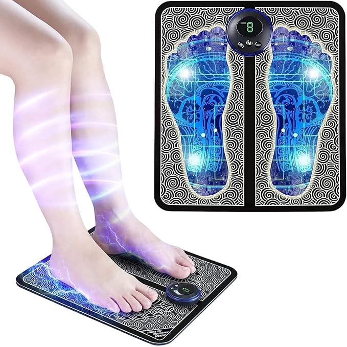 Wireless electric EMS foot massager mat by 19229 for pain relief and relaxation, featuring multicolor design and ergonomic layout.