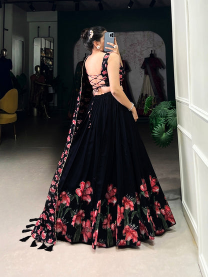 Black women's Lehenga Choli by 19231 featuring traditional design with sparkling embellishments, perfect for festive occasions.