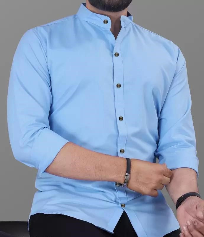 Sky blue men's slim fit formal shirt by 19306, tailored fit with button-down collar and long sleeves.
