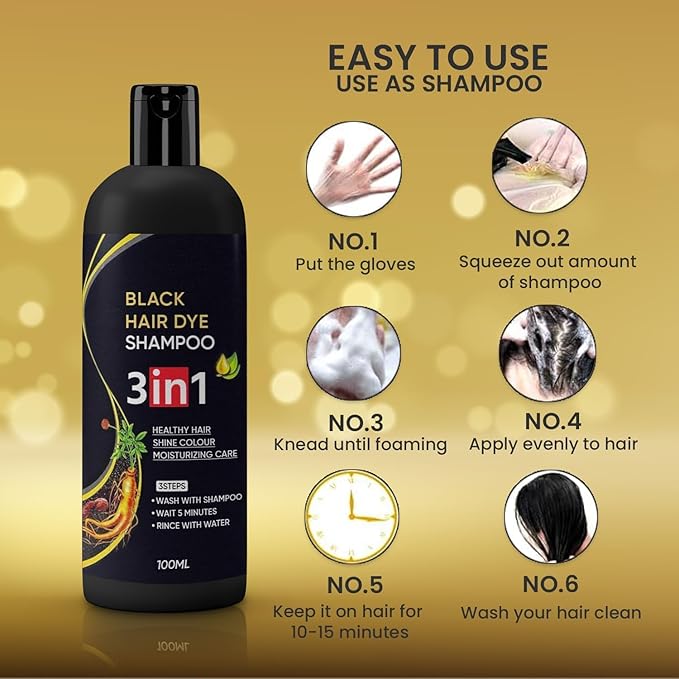 Herbal 3-in-1 black hair dye shampoo for women and men, organic formula, 100ml bottles, showing bottles and herbal ingredients.