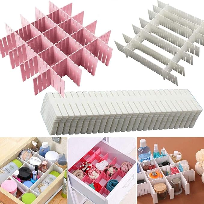Multicolor plastic drawer dividers and organizers for clothes hangers, keeping wardrobe clutter-free and neatly separated.