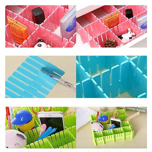 Multicolor plastic clothes hangers with divider drawer grid and partition organizer for wardrobe storage.
