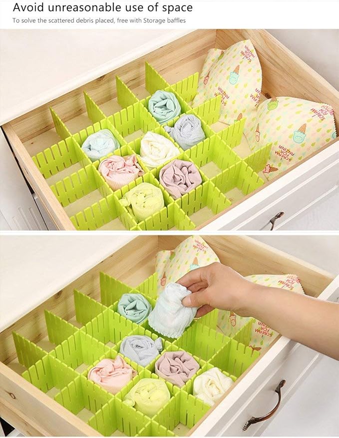 Multicolor plastic drawer dividers and organizers for clothes hangers, featuring grid partitions for neat storage.