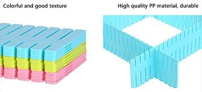 Multicolor plastic clothes hanger organizer with dividers and drawer grid separators for closet and drawer organization.
