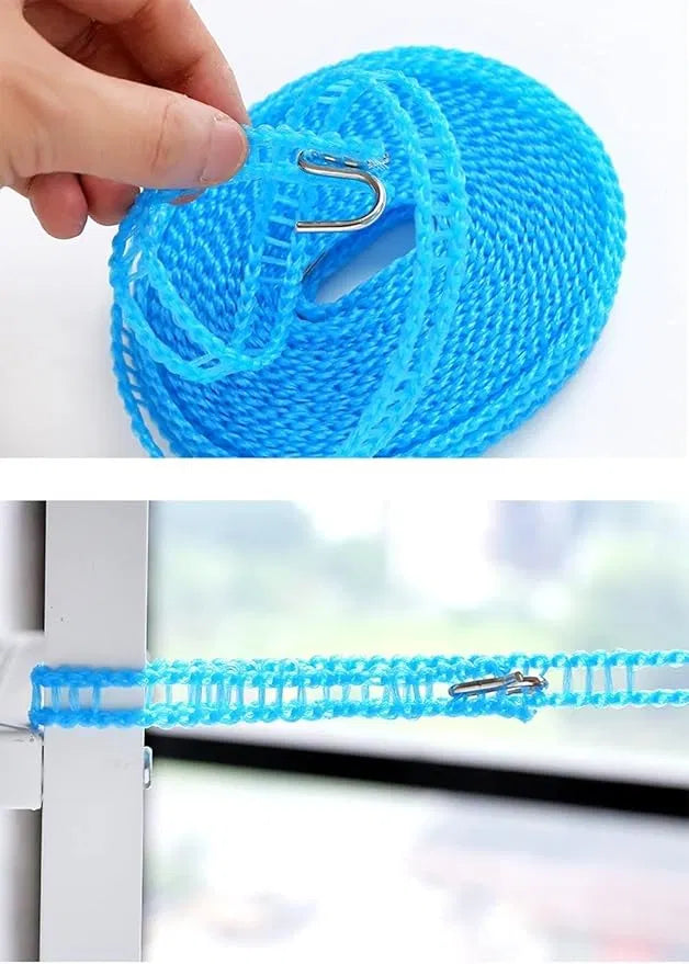 Multicolor 5-meter windproof nylon clothesline with hooks, anti-slip design, ideal for drying clothes outdoors.
