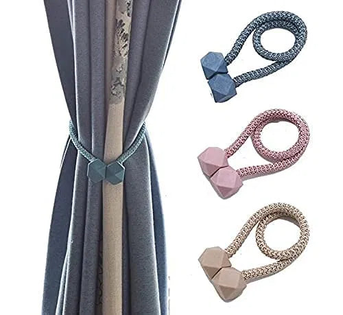 Multicolor magnetic curtain tiebacks with rope, small bead curtain clips, and buckle holder from 19357 product line.