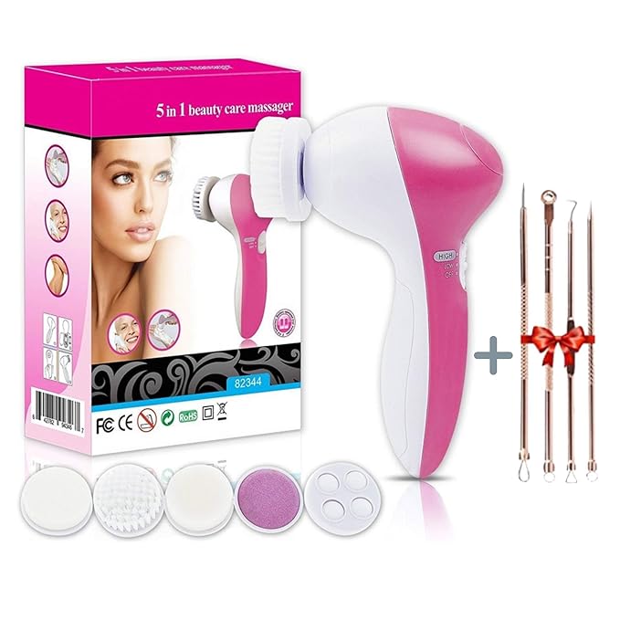 Portable electric facial cleansing brush with five spin brush heads for acne, blackheads, and dead skin removal.