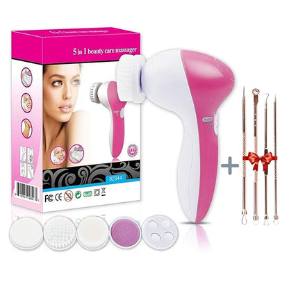 Portable electric facial cleansing brush with five spin brush heads for acne, blackheads, and dead skin removal.