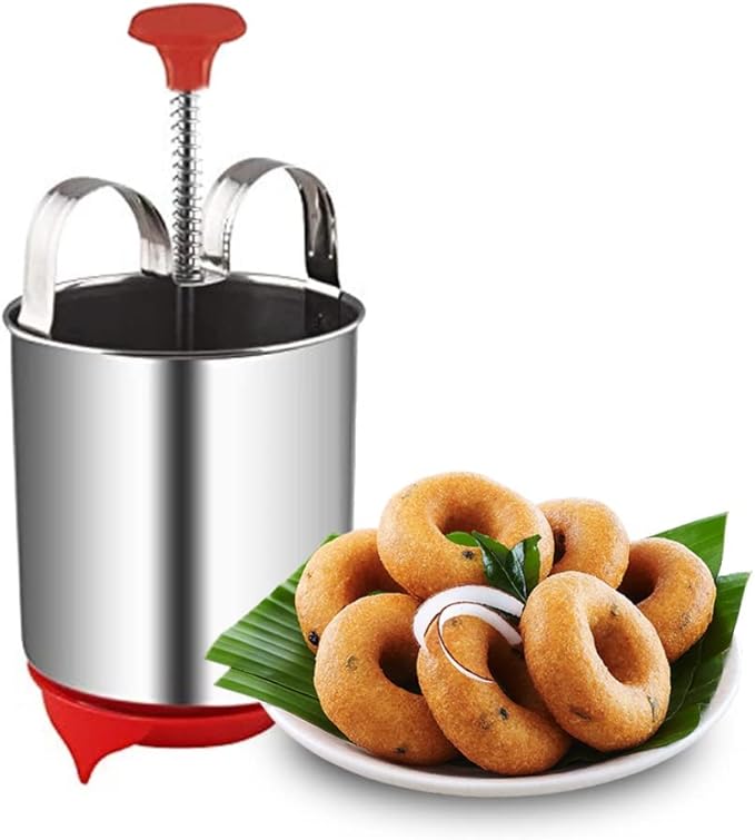 Durable stainless steel Mendu Vada maker with spring push mechanism and stand, part of 19357 kitchen tool set.
