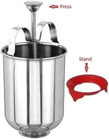 Durable stainless steel Mendu Vada maker with spring push mechanism and stand, part of 19357 kitchen tool set.