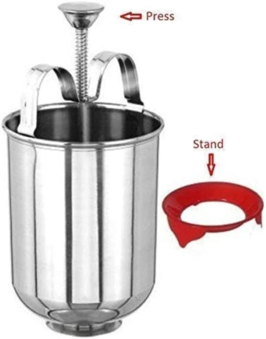 Durable stainless steel Mendu Vada maker with spring push mechanism and stand, part of 19357 kitchen tool set.