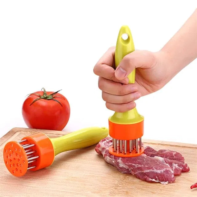 Stainless steel meat tenderizer with needle prongs, part of 19357 kitchen tool set, used for tenderizing and preparing meat.