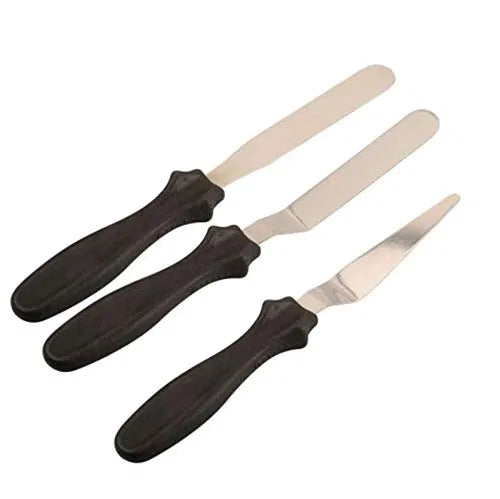 Set of three stainless steel spatula palette knives for cake icing, mixing, and baking, by 19357 kitchen tool brand.