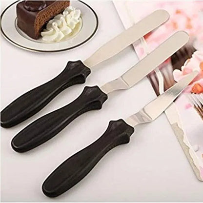 Set of three multi-function stainless steel spatula palette knives for cake icing, mixing, and baking from 19357 kitchen tool set.