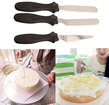 Set of three stainless steel kitchen spatulas and palette knives for cake icing, mixing, and baking from 19357 in random colors.