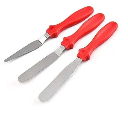 Set of three stainless steel spatula palette knives for cake icing, mixing, and baking from 19357 kitchen tool set in random colors.