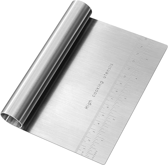 Stainless steel Pro Dough pastry scraper with measuring scale, versatile kitchen tool for cutting, chopping, and dough handling.