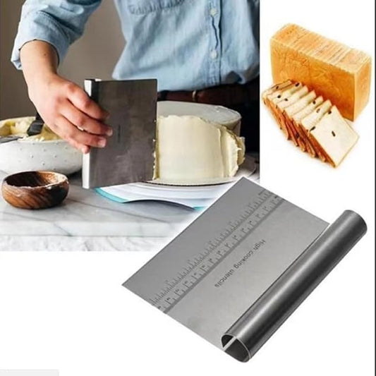 Stainless steel Pro Dough pastry scraper and chopper with measuring scale, versatile kitchen tool for baking and dough handling.