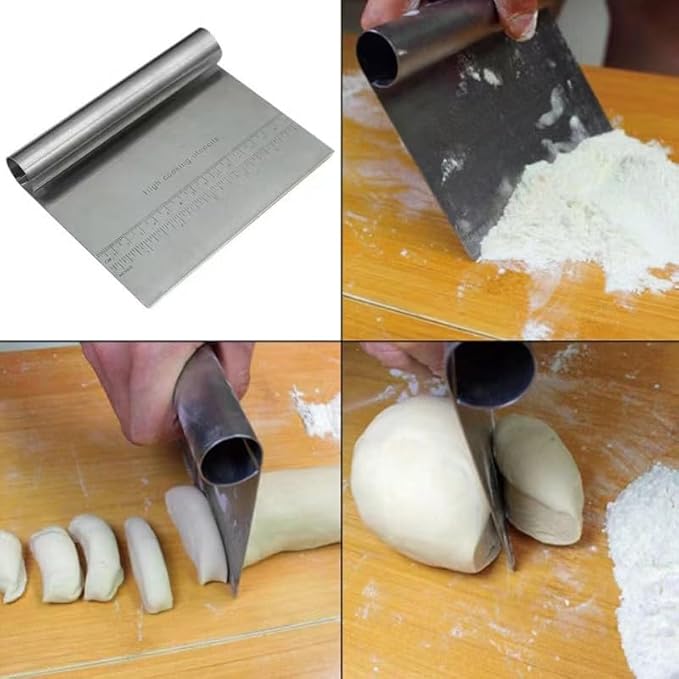 Pro Dough pastry scraper and chopper in stainless steel with measuring scale, multi-purpose kitchen tool for baking and dough handling.