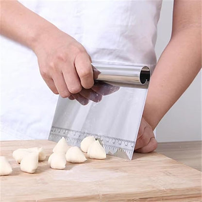 Pro Dough stainless steel pastry scraper with measuring scale, multi-purpose kitchen tool for chopping, cutting, and dough handling.