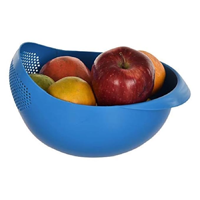 Large multicolor kitchen colander and strainer for fruits, pasta, and vegetables, used as a washing bowl in kitchen tool sets.