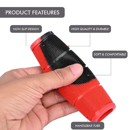 Multicolor grip cover with cuts for kitchen tool handle, soft, tight fit, shock absorption, universal fit, compatible with various kitchen tools.