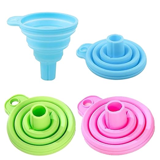 Multicolor silicone collapsible kitchen funnel for water bottles, foldable and easy to use in kitchen tool sets.