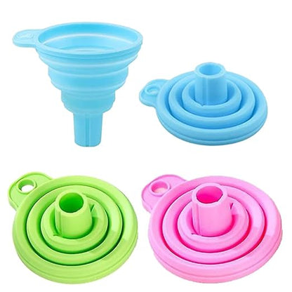 Multicolor silicone collapsible kitchen funnel for water bottles, foldable and easy to use in kitchen tool sets.