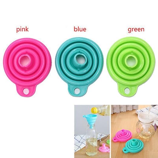 Multicolor silicone collapsible kitchen funnel from 19357, foldable water bottle funnel for easy pouring and storage.