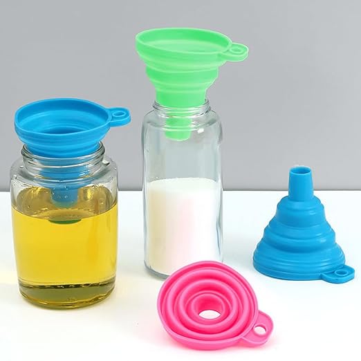 Multicolor silicone collapsible funnel for kitchen use, ideal for water bottles and food transfer, part of 19357 kitchen tool sets.