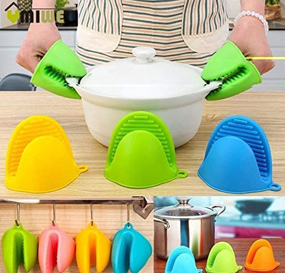 Multicolor silicone pot holders and oven mitts from 19357 kitchen tool set, heat-resistant gloves for cooking and handling hot items.