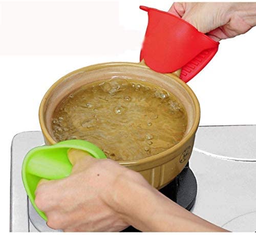 Multicolor silicone pot holders and oven mitts from 19357, heat-resistant kitchen tool set with pinch grips and hand clips.