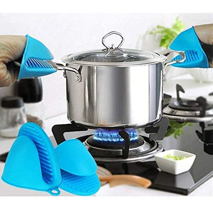 Multicolor silicone pot holders and oven mitts from 19357 kitchen tool set, heat-resistant gloves for cooking and handling hot items.