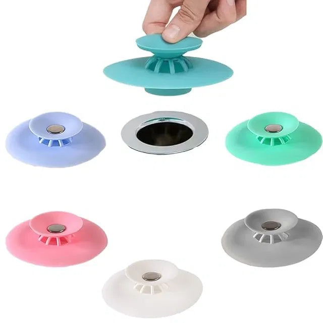 Multicolor silicone kitchen sink drain stopper and strainer from 19357, collapsible design catches food particles and prevents clogs.