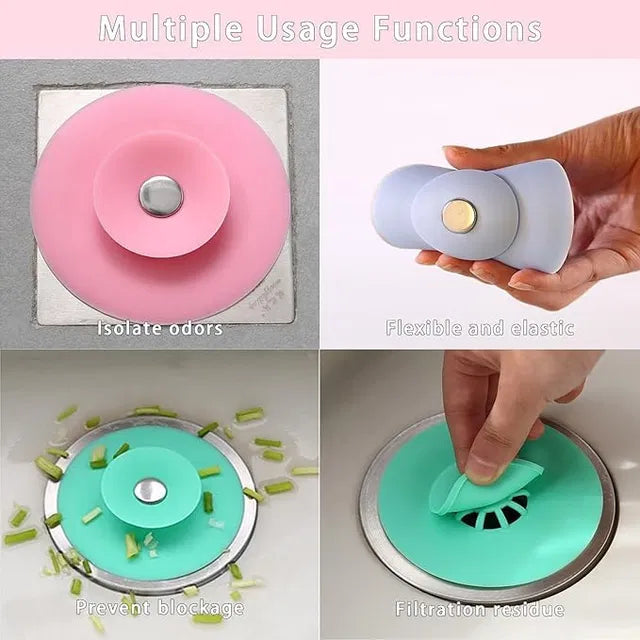 Multicolor silicone kitchen sink stopper and strainer from 19357, collapsible design catching food particles and preventing clogs.