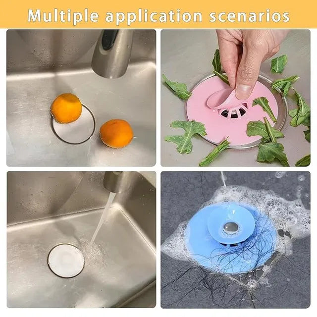 Multicolor silicone kitchen sink stopper and strainer set with collapsible design, catches food particles and prevents clogs.