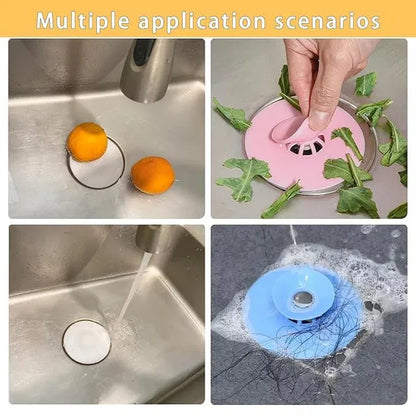 Multicolor silicone kitchen sink stopper and strainer set with collapsible design, catches food particles and prevents clogs.