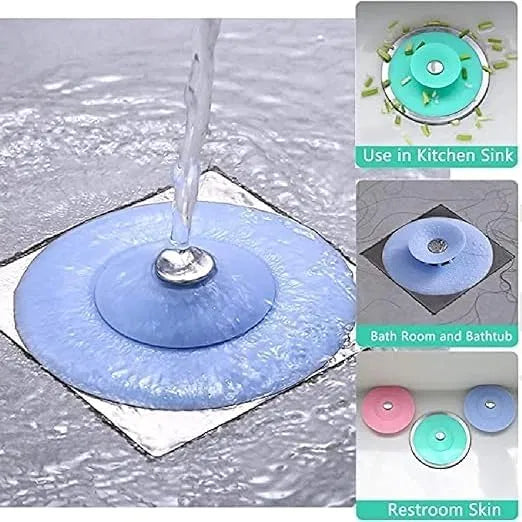 Multicolor silicone kitchen sink stopper and strainer set with collapsible drain cover, catches food particles and prevents clogs.