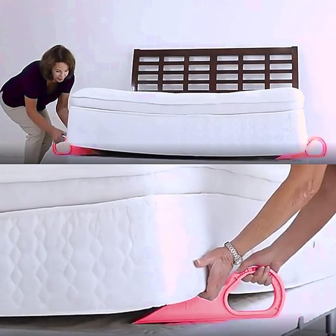 Multicolor ergonomic mattress lifter wedge tool for bed making and lifting, reduces back pain during mattress handling.