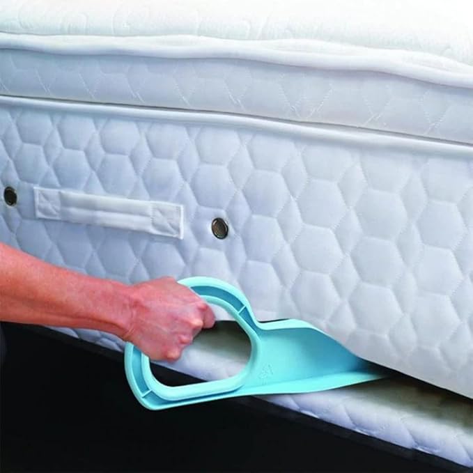 Multicolor ergonomic mattress lifter wedge tool by 19357 for bed making, mattress lifting, and reducing back pain.