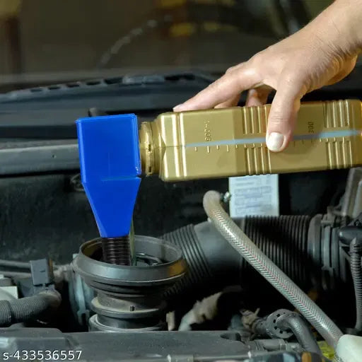 Multicolor universal flexible plastic funnel for draining automotive and household oils, hand-free design, 1-piece.