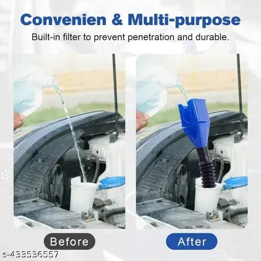 Multicolor universal flexible plastic oil funnel with snap lid for automotive and household oil draining, hand-free use.