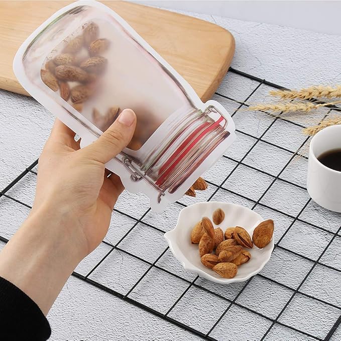 Set of three reusable produce storage jars with airtight zip seals, ideal for snacks, sandwiches, and travel storage.