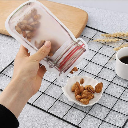 Set of three reusable produce storage jars with airtight zip seals, ideal for snacks, sandwiches, and travel storage.