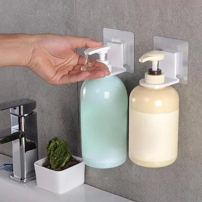 Pair of 19357 self-adhesive shampoo dispenser bottle racks for bathroom, toilet, and kitchen, made of durable soap holder material.