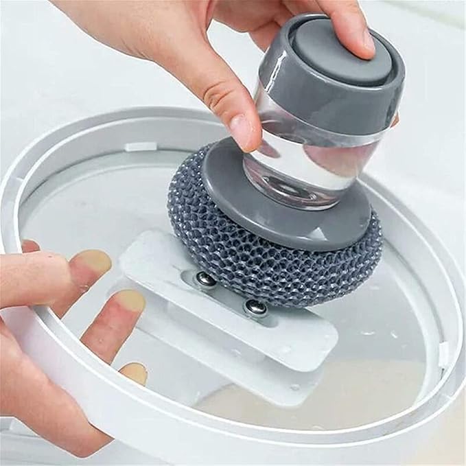 Soap dispensing dish brush with built-in liquid storage, pressing cleaning brush for dishwashing and kitchen tank cleaning.