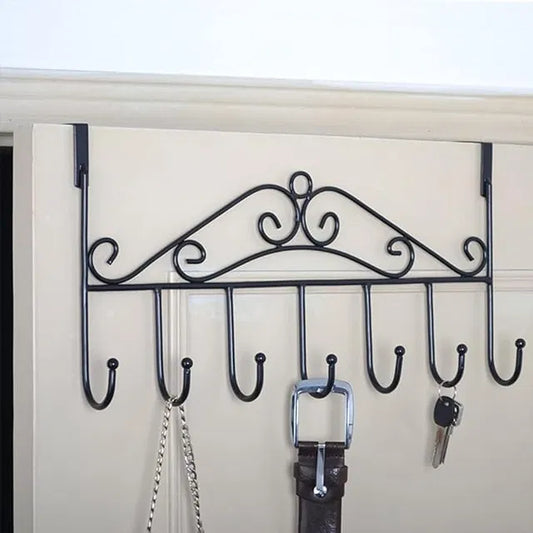 Heavy-duty metal door hanger with seven over-the-door hooks for towels, coats, and accessories, ideal for organizing spaces.